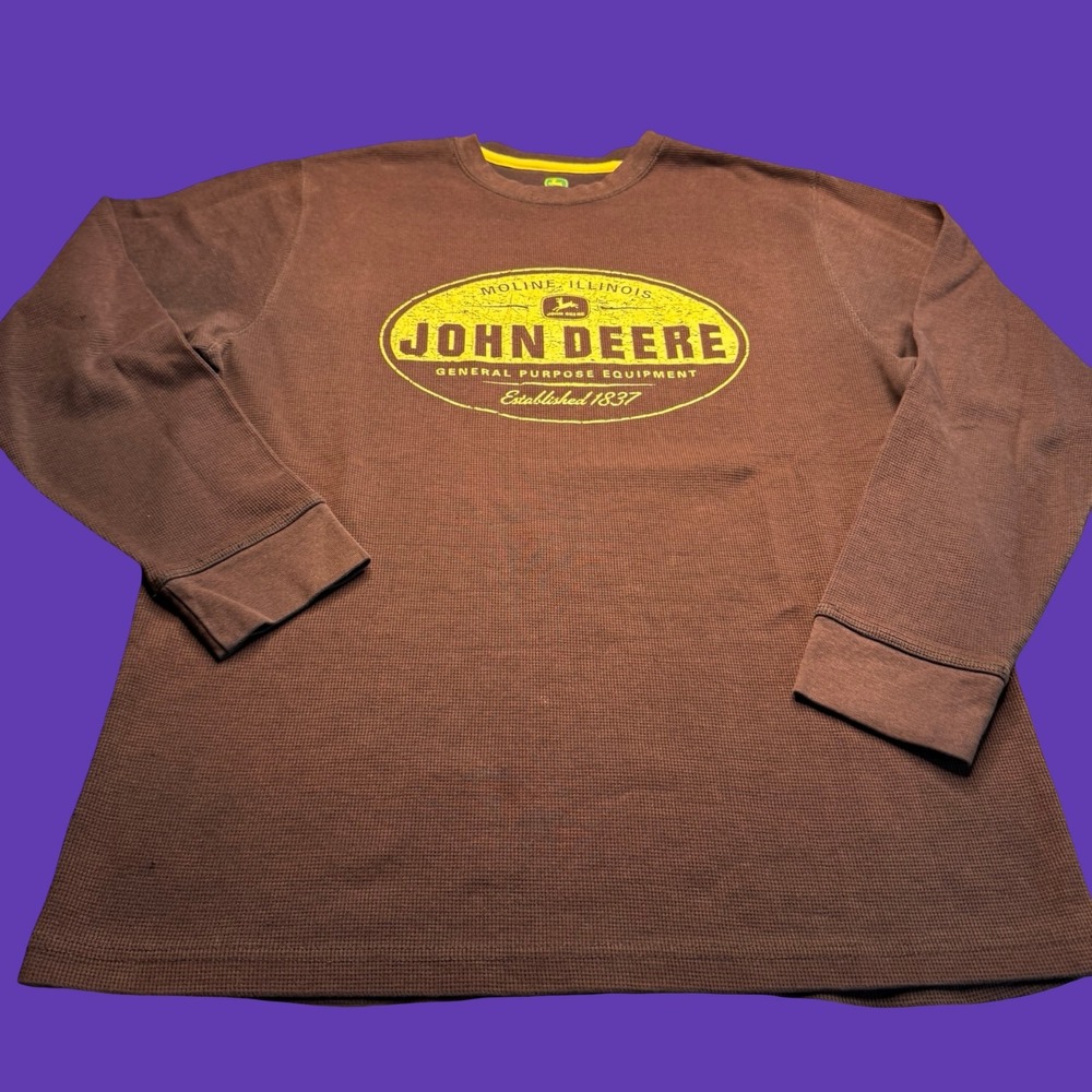 John Deere Thermal Long Sleeve Shirt Large Brown Logo Faded Distress Waffle Knit